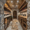 Rustic wine cellar with stone walls and wooden wine racks Royalty Free Stock Photo