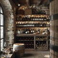 Rustic wine cellar with stone walls and wooden wine racks Royalty Free Stock Photo