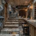 Rustic wine cellar with stone walls and wooden wine racks Royalty Free Stock Photo