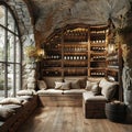 Rustic wine cellar with stone walls and wooden wine racks3D render Royalty Free Stock Photo