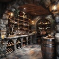 Rustic wine cellar with stone walls and wooden wine racks3D render Royalty Free Stock Photo