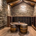 A rustic wine cellar with stone walls, wooden wine racks, and a tasting area with a barrel table and wine barrels as decor1, Gen