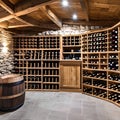 A rustic wine cellar with stone walls, wooden wine racks, and a tasting area with a barrel table and wine barrels as decor3, Gen