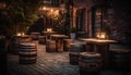 Rustic winery illuminates old fashioned barrel stack with shiny wine bottles generated by AI