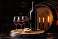 Rustic winery, red wine bottle mock up, no label, glasses, fresh fruits, wooden plate and candles