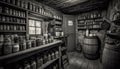 A rustic winery shelf holds antique wine bottles in rows generated by AI