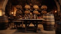 A rustic winery, wooden barrels stacked high, with a tasting table set up.