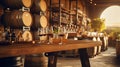 A rustic winery, wooden barrels stacked high, with a tasting table set up.