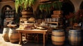 A rustic winery, wooden barrels stacked high.