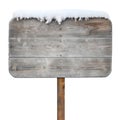 A rustic winter blank wooden sign covered in snow and ice