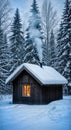 Rustic Winter Cabin or Shed Exterior Covered in Snow with Warm Glowing Window Light Royalty Free Stock Photo