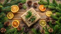 A rustic winter holiday gift presentation featuring dehydrated citrus slices and pine cones. Generative AI Royalty Free Stock Photo