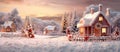 Rustic winter landscape at sunset with snow covered houses, glowing windows, Christmas decorated trees in pink sunlight. AI- Royalty Free Stock Photo