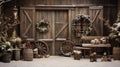 Rustic winter scene featuring wooden decorations and snow