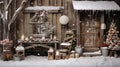 Rustic winter scene with wooden decorations and snowy charm