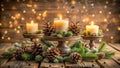 Rustic winter solstice candlelight display with pine cones and evergreen branches. Generative AI Royalty Free Stock Photo