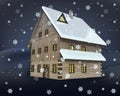 Rustic winter wooden high cottage house at night snowfall Royalty Free Stock Photo