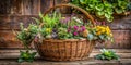 A rustic wired basket full of different kinds of plants & flowers AI-Created Content Royalty Free Stock Photo