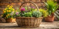 A rustic wired basket full of different kinds of plants & flowers generative by AI Royalty Free Stock Photo