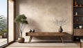 Rustic wood console table against beige stucco wall with copy space