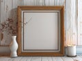 Rustic wood frame mockup with a white background, a vase, and a candle Royalty Free Stock Photo