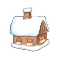 Rustic wood house in snow watercolor illustration. Village house with snow roof and pipe.