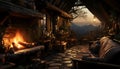 Rustic wood hut, fire burning, tranquil night scene generated by AI