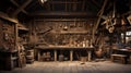 Rustic Wood Shop, Work Shop With Old Rusted Tools Hanging on the Wall, Old Timey Rustic Feel, Generative AI Royalty Free Stock Photo