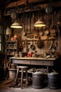 Rustic Wood Shop, Work Shop With Old Rusted Tools Hanging on the Wall, Old Timey Rustic Feel, Generative AI Royalty Free Stock Photo