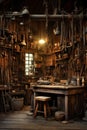 Rustic Wood Shop, Work Shop With Old Rusted Tools Hanging on the Wall, Old Timey Rustic Feel, Generative AI Royalty Free Stock Photo