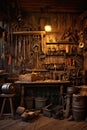 Rustic Wood Shop, Work Shop With Old Rusted Tools Hanging on the Wall, Old Timey Rustic Feel, Generative AI Royalty Free Stock Photo