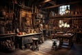 Rustic Wood Shop, Work Shop With Old Rusted Tools Hanging on the Wall, Old Timey Rustic Feel, Generative AI Royalty Free Stock Photo