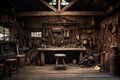 Rustic Wood Shop, Work Shop With Old Rusted Tools Hanging on the Wall, Old Timey Rustic Feel, Generative AI Royalty Free Stock Photo