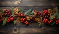 Rustic wood table adorned with holly wreath and berry fruit generated by AI