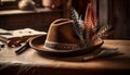 Rustic wood table adorned with old fashioned feather decoration, celebrating tradition generated by AI