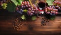 Rustic wood table, autumn leaves, grape bunch, wine bottle generated by AI