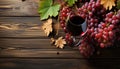 Rustic wood table, autumn leaves, ripe grapes, fresh wine generated by AI Royalty Free Stock Photo