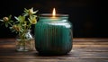 Rustic wood table, candle flame, vase of fresh flowers generated by AI