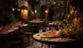 Rustic wood table, fresh pizza, wine perfect summer meal generated by AI