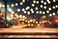 Rustic wood table in front of christmas light night,abstract circular bokeh background