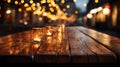 rustic wood table top. Christmas light night,abstract circular bokeh background. Generative AI Royalty Free Stock Photo