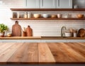 Rustic Wood Texture Table Against Blurry Kitchen Wall and Shelf Background Royalty Free Stock Photo