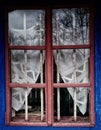 A rustic wood window frame with beautiful view Dimitrie Gusti National Village Museum, Bucharest, Romania Royalty Free Stock Photo