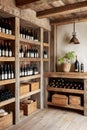 Rustic wood wine cellar storing bottles and crates Royalty Free Stock Photo