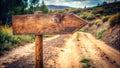 Rustic wooden arrow signpost points down a sunlit dirt path, indicating an adventurous journey ahead. Generative AI Royalty Free Stock Photo