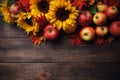 Rustic wooden backdrop, vibrant sunflowers and red apples create an enchanting autumn scene. The warm tones and organic elements Royalty Free Stock Photo