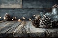 A rustic wooden background with Christmas lights and pine cones in the foreground. Generative AI. Royalty Free Stock Photo