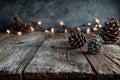 A rustic wooden background with Christmas lights and pine cones in the foreground. Generative AI. Royalty Free Stock Photo