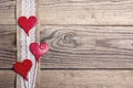 Rustic wooden background with sacking border and hearts. Copy sp Royalty Free Stock Photo