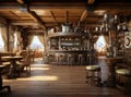 Rustic wooden bar with a circular counter, stools, and tables, decorated with various objects, overlooking mountains.